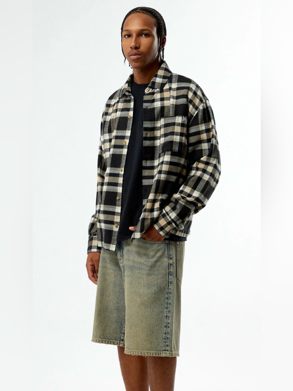 Pacsun Tan & Black Plaid Long Sleeve Flannel Shirt Men Large